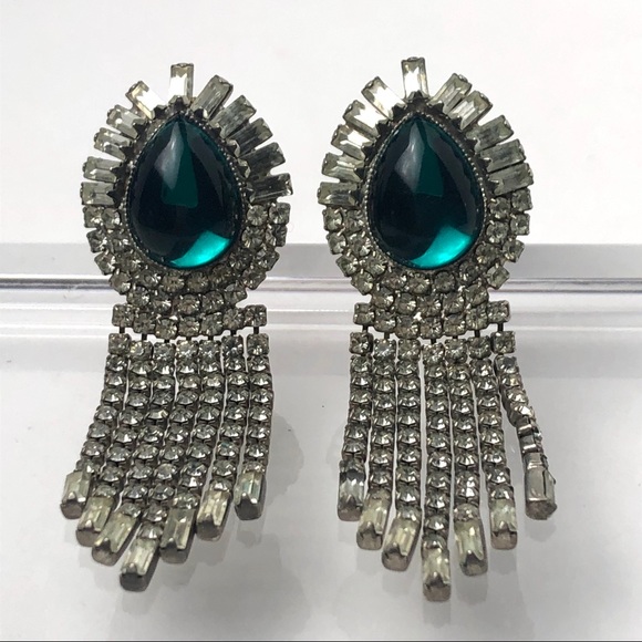 VTG GREEN CABOCHON RHINESTONE DROP EARRINGS - Picture 5 of 12
